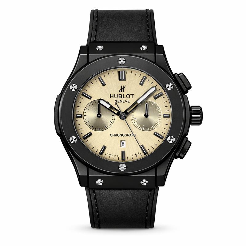 Luxury Hublot Chronograph Gold Dial Men's Watch – Black Leather Strap