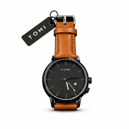 Tomi Classic Black Dial Men's Watch – Brown Leather Strap
