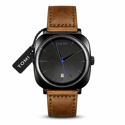 Tomi Premium Black Dial Men's Watch – Brown Leather Strap